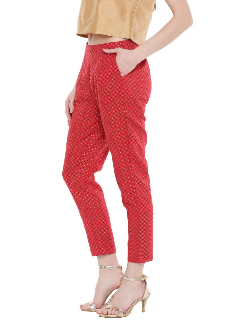De Moza Ladies Woven Printed Cigarette Pant Red - De Moza (1668059267135)