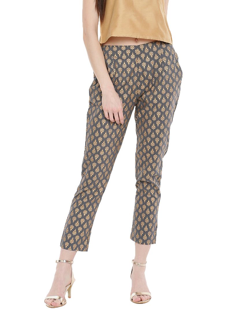 De Moza-Ladies Printed Cigarette Trousers Grey - De Moza (1668546592831)