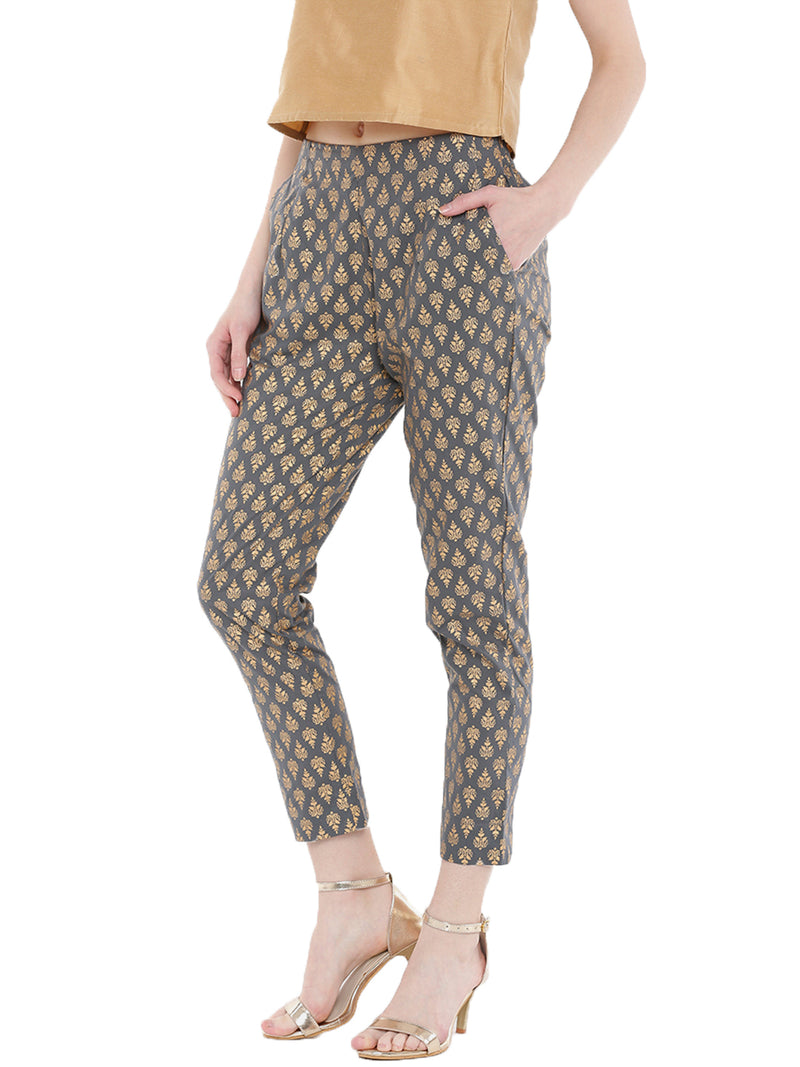 De Moza-Ladies Printed Cigarette Trousers Grey - De Moza (1668546592831)