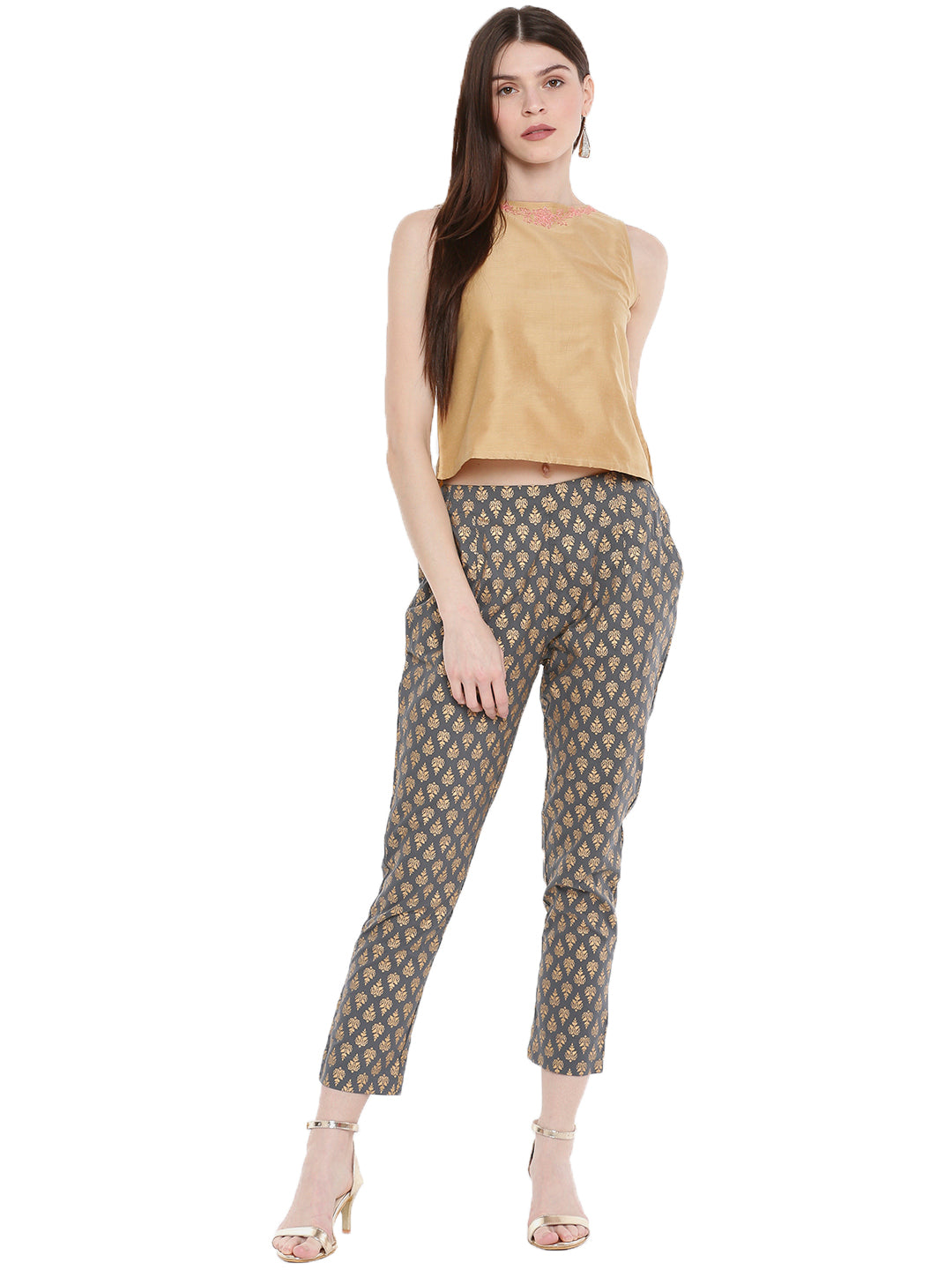 De Moza-Ladies Printed Cigarette Trousers Grey - De Moza (1668546592831)