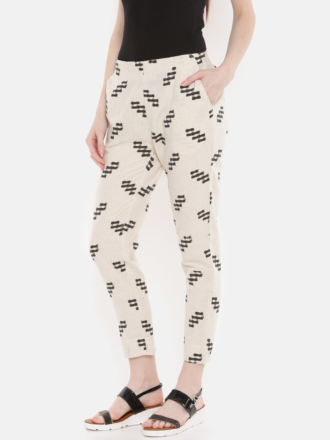 De Moza Women's Cigarette Pant All Over Print Cotton Flex Beige - De Moza (4465230217279)