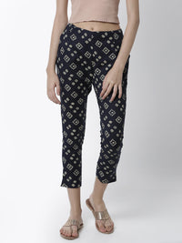 De Moza Women's Cigarette Pant Woven Bottom All Over Print Cotton Navy Blue - De Moza (4461737443391)