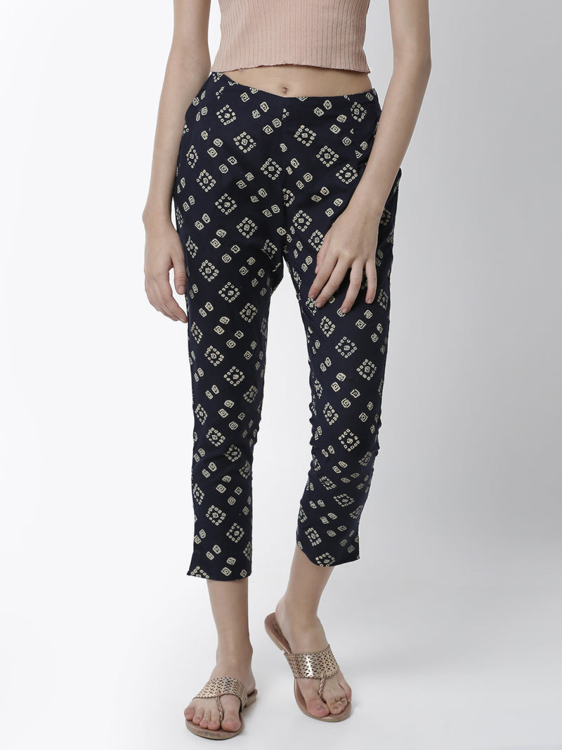 De Moza Women's Cigarette Pant Woven Bottom All Over Print Cotton Navy Blue - De Moza (4461737443391)