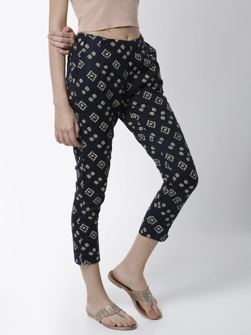 De Moza Women's Cigarette Pant Woven Bottom All Over Print Cotton Navy Blue - De Moza (4461737443391)