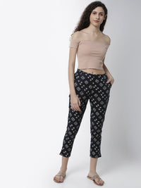 De Moza Women's Cigarette Pant Woven Bottom All Over Print Cotton Navy Blue - De Moza (4461737443391)