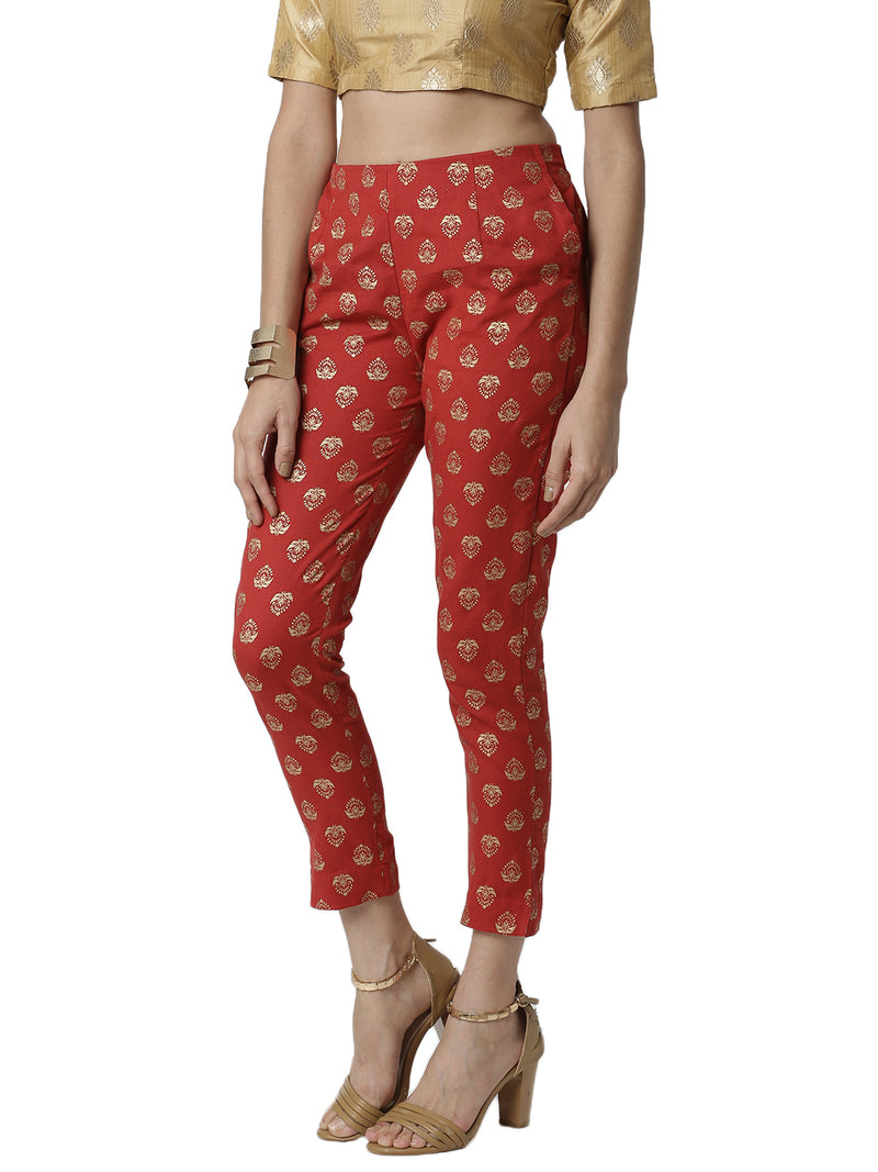 De Moza Ladies printed  Cigarette Pant Red - De Moza (4381834674239)