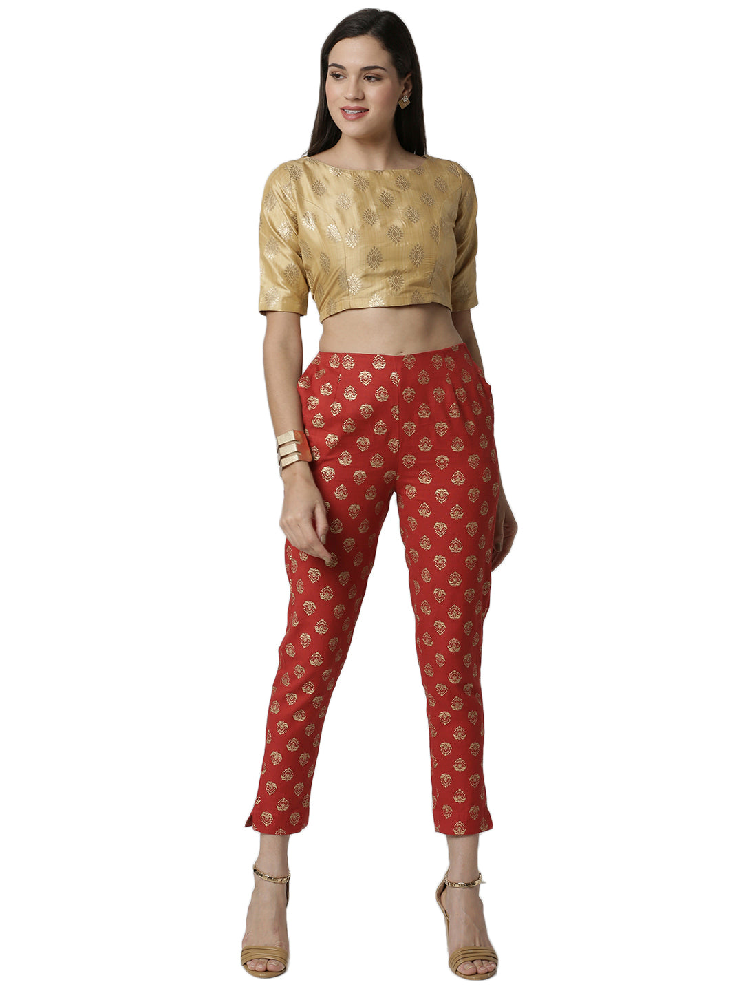 De Moza Ladies printed  Cigarette Pant Red - De Moza (4381834674239)
