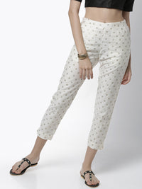 De Moza Women's Cigarette Pant Woven Bottom All Over Print Polyester Offwhite - De Moza (4461737508927)
