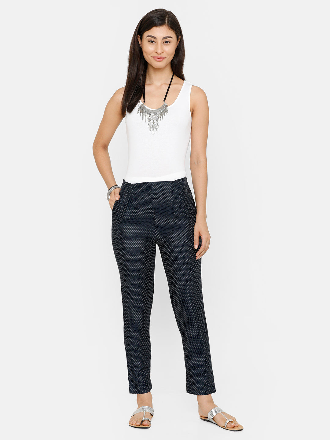 De Moza women's Printed Cigarette Pant Woven Bottom Cotton Stone Blue - De Moza (4704709247039)