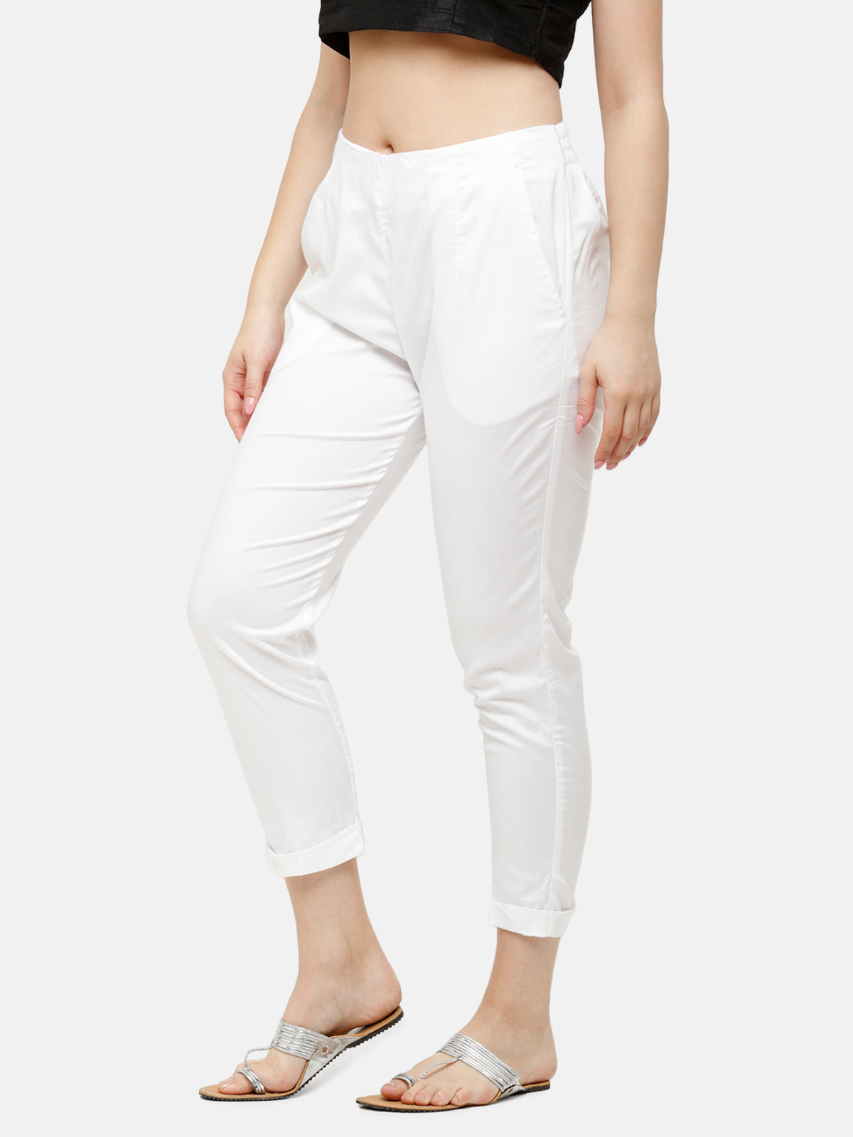 Buy Pranjal Women Off-White Rayon Lycra Straight Casual Cigarette Pants _L  Online at Best Prices in India - JioMart.