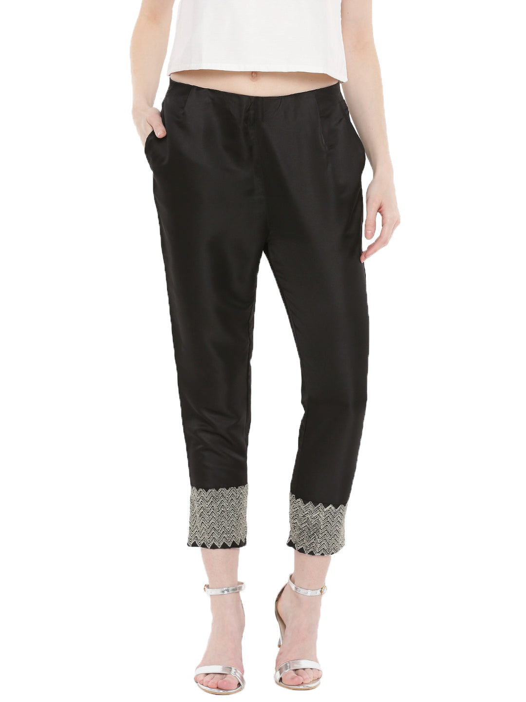 De Moza- Ladies Embroidery Black Cigarette Pant - De Moza (1668443668543)