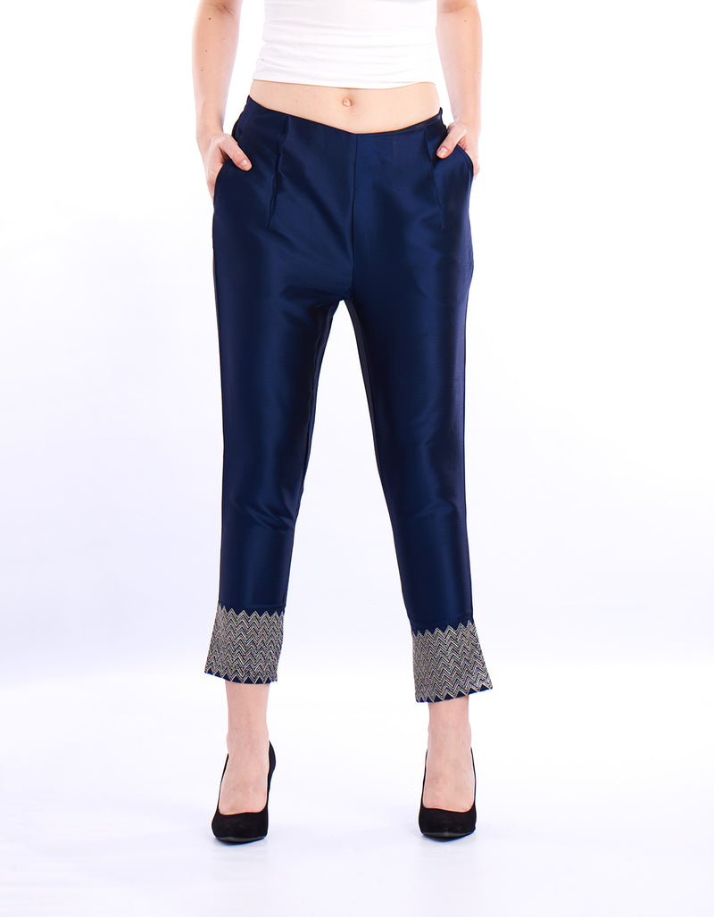 De Moza- Ladies Embroidered Cigarette Pant Dark Navy Blue - De Moza (1550736687167)