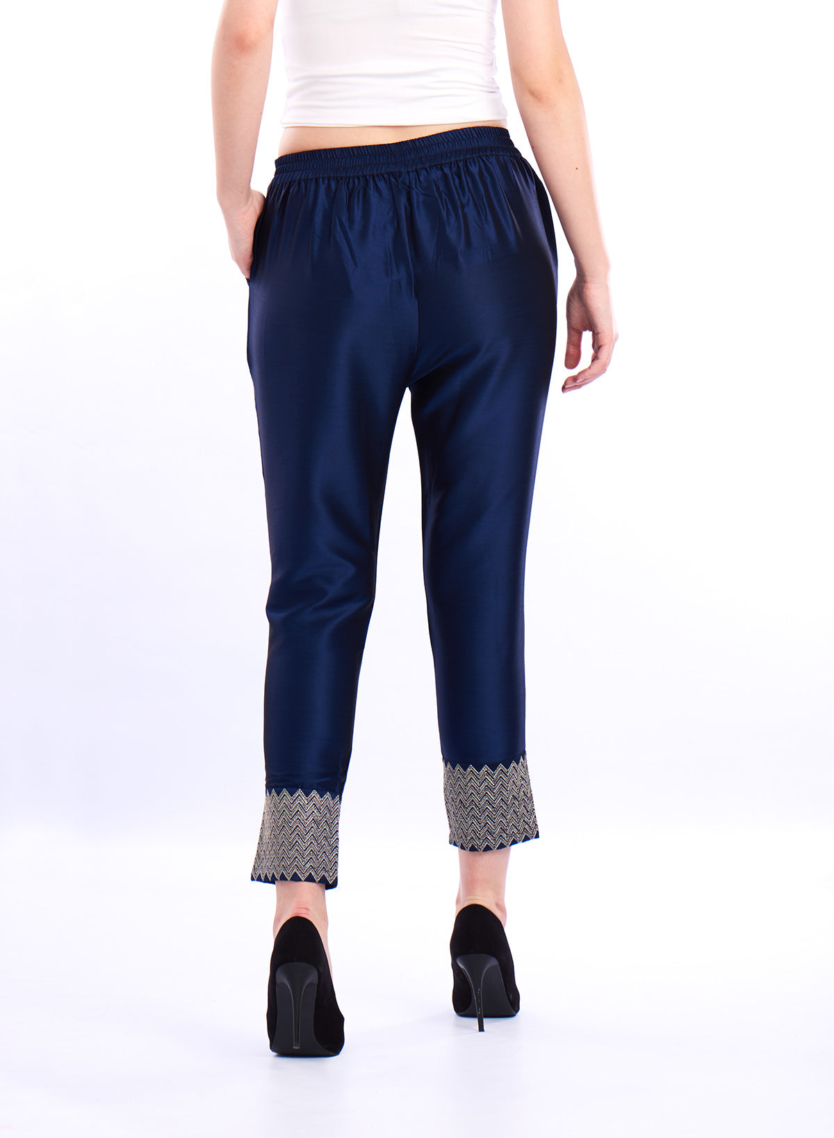 De Moza- Ladies Embroidered Cigarette Pant Dark Navy Blue - De Moza (1550736687167)