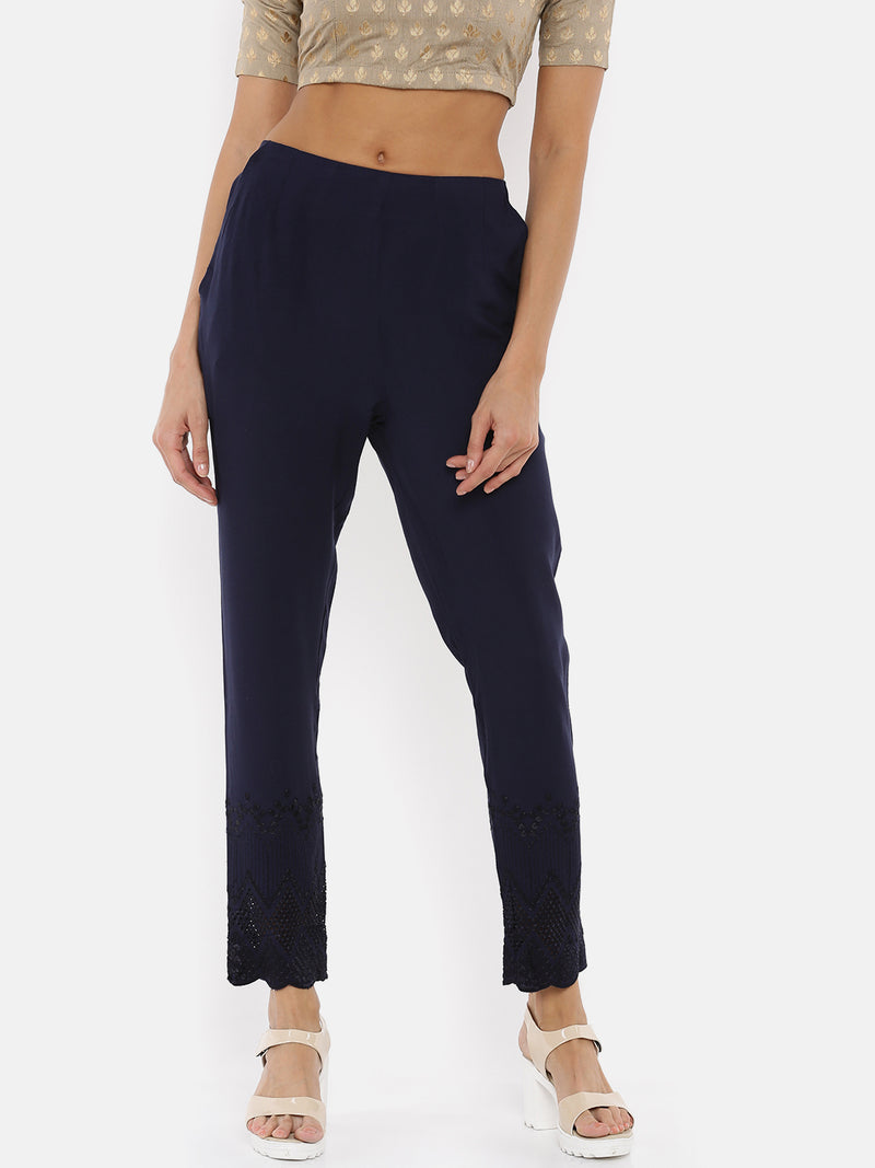 De Moza- Ladies Embroidered Cigarette Pant Navy Blue - De Moza (1737250471999)