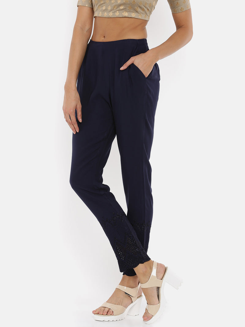 De Moza- Ladies Embroidered Cigarette Pant Navy Blue - De Moza (1737250471999)