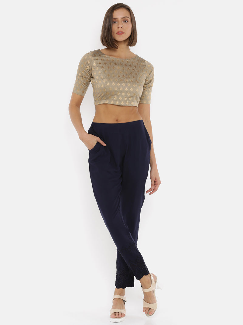 De Moza- Ladies Embroidered Cigarette Pant Navy Blue - De Moza (1737250471999)