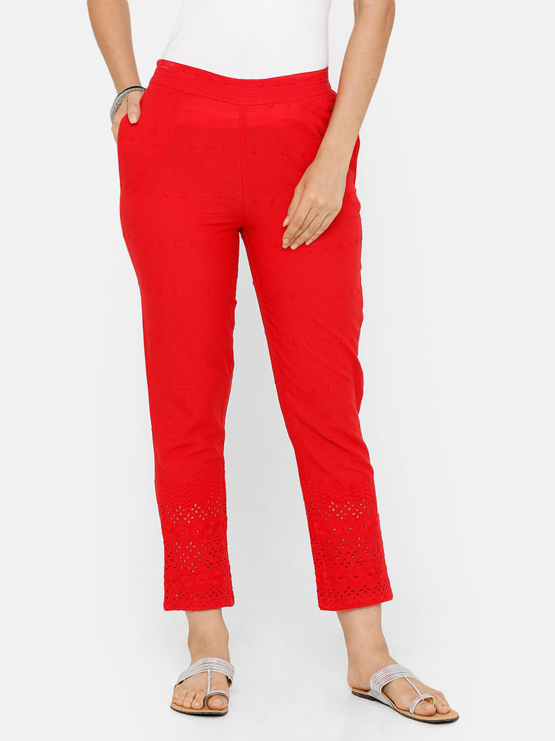 De Moza women's Cigarette Pant Woven Bottom Embrodry Cotton Red - De Moza (4704708395071)