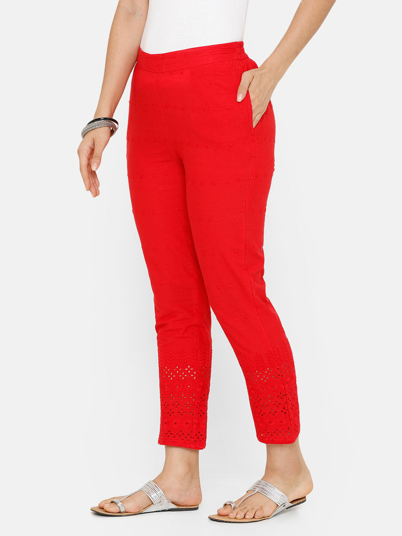De Moza women's Cigarette Pant Woven Bottom Embrodry Cotton Red - De Moza (4704708395071)