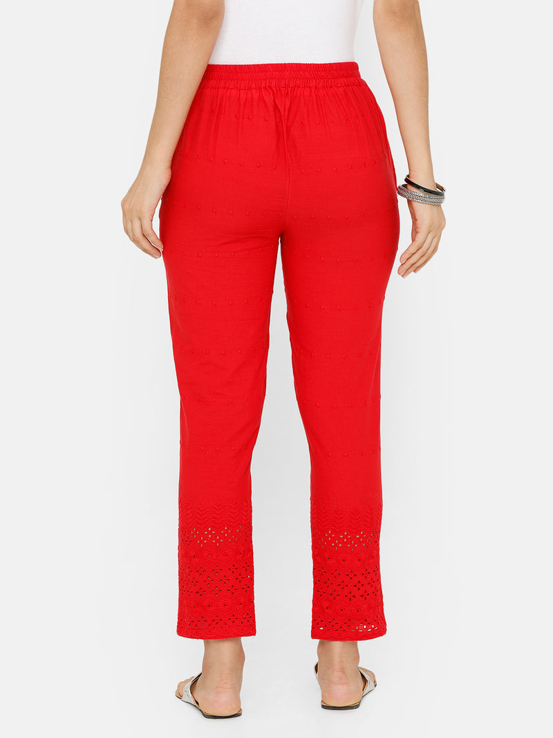 De Moza women's Cigarette Pant Woven Bottom Embrodry Cotton Red - De Moza (4704708395071)