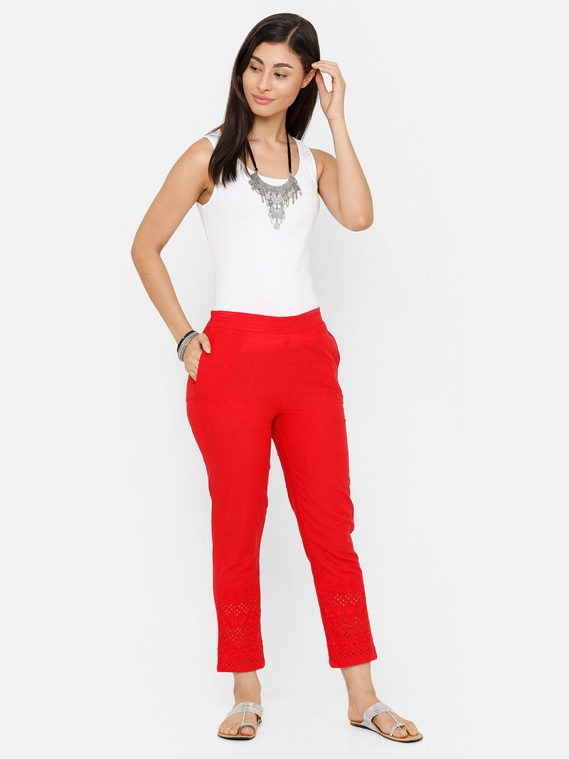 De Moza women's Cigarette Pant Woven Bottom Embrodry Cotton Red - De Moza (4704708395071)