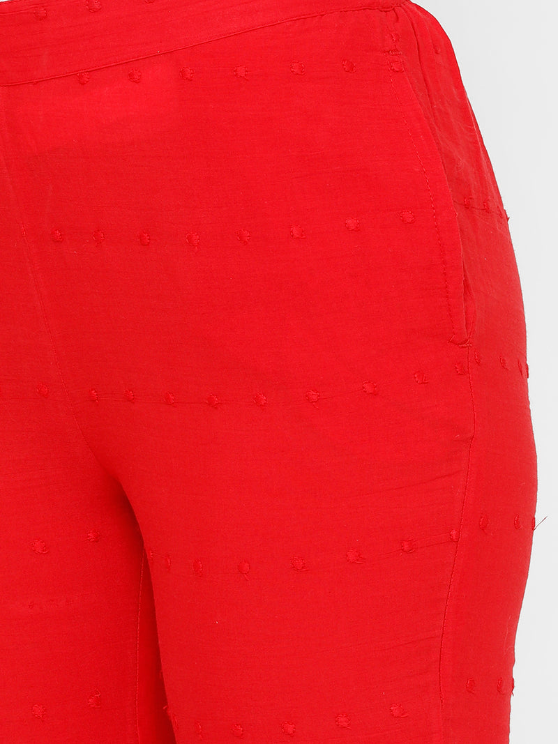 De Moza women's Cigarette Pant Woven Bottom Embrodry Cotton Red - De Moza (4704708395071)