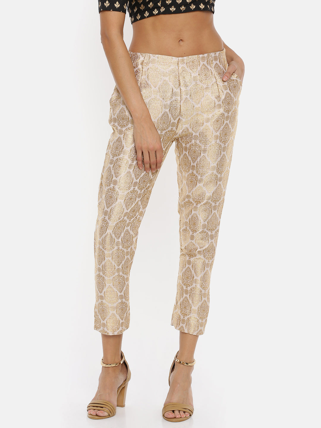 De Moza Ladies Jacquard White Cigarette Pant - De Moza (1737299558463)