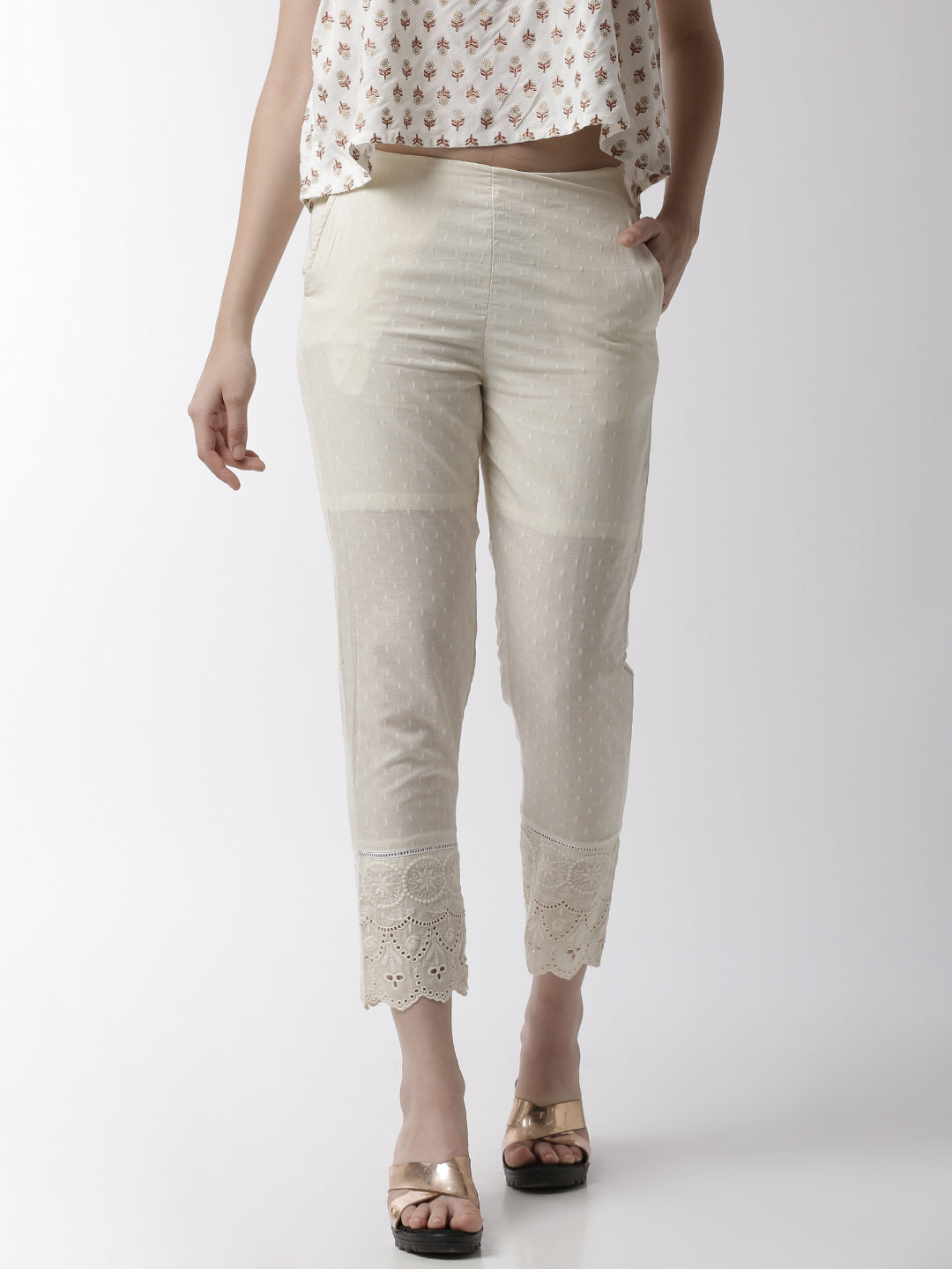 De Moza Women's Cigarette Pant Woven Bottom Jaquard Cotton Offwhite - De Moza (4499733217343)