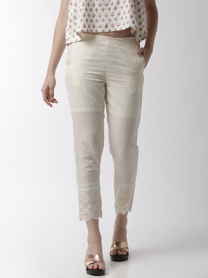 De Moza Women's Cigarette Pant Woven Bottom Jaquard Cotton Offwhite - De Moza (4499733217343)