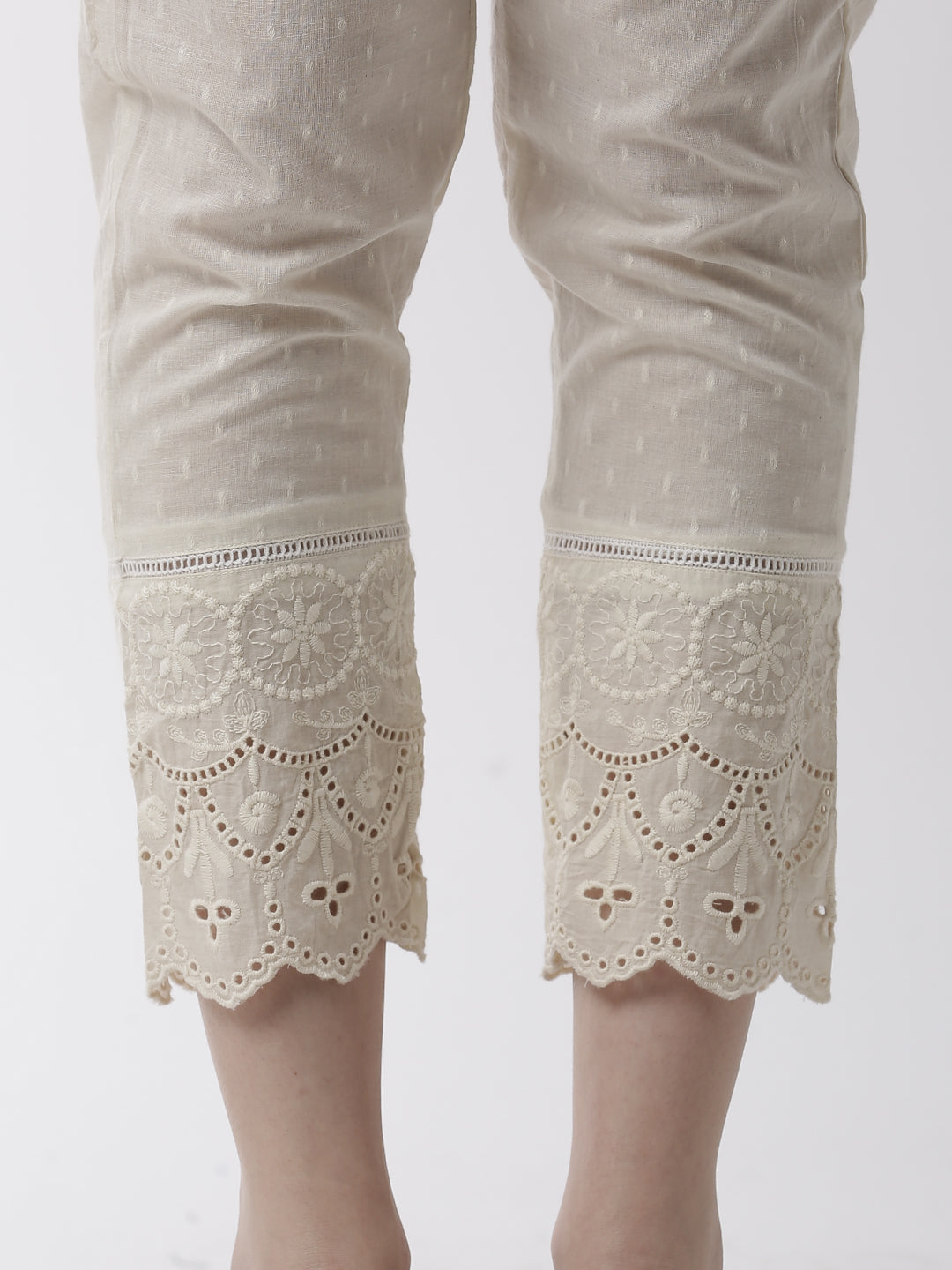 De Moza Women's Cigarette Pant Woven Bottom Jaquard Cotton Offwhite - De Moza (4499733217343)