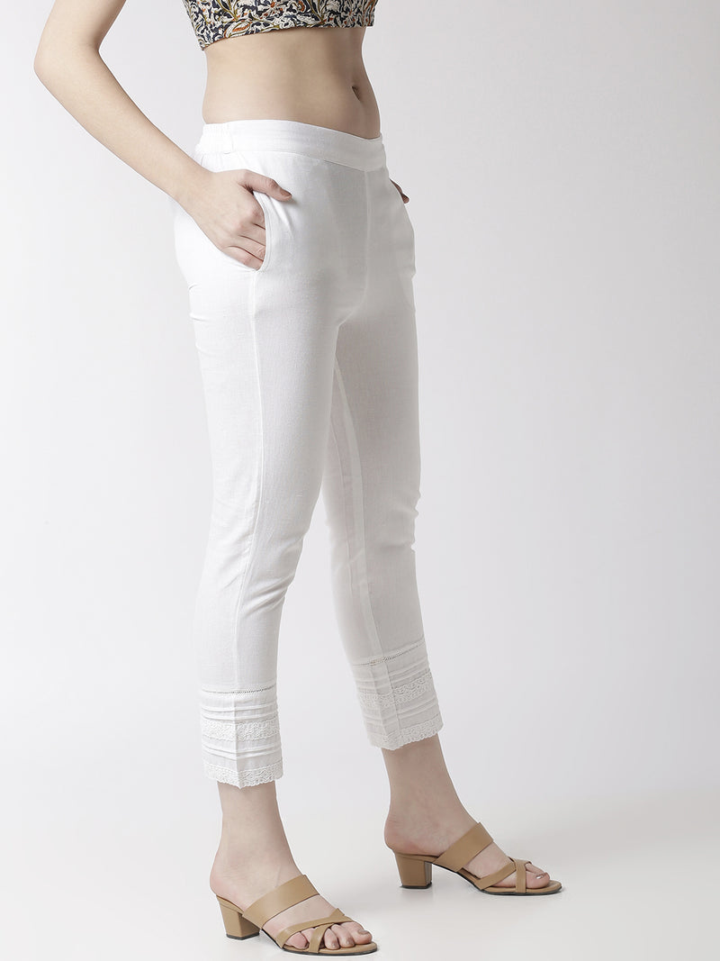 De Moza Women's Cigarette Pant Woven Bottom Lace Cotton White - De Moza (4470437085247)