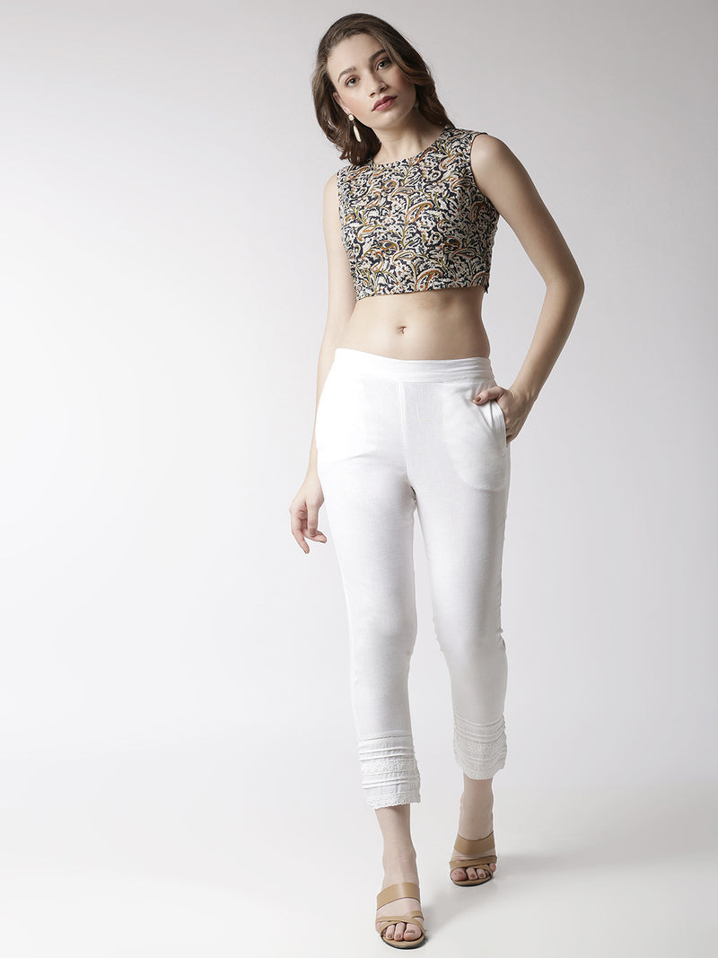 De Moza Women's Cigarette Pant Woven Bottom Lace Cotton White - De Moza (4470437085247)