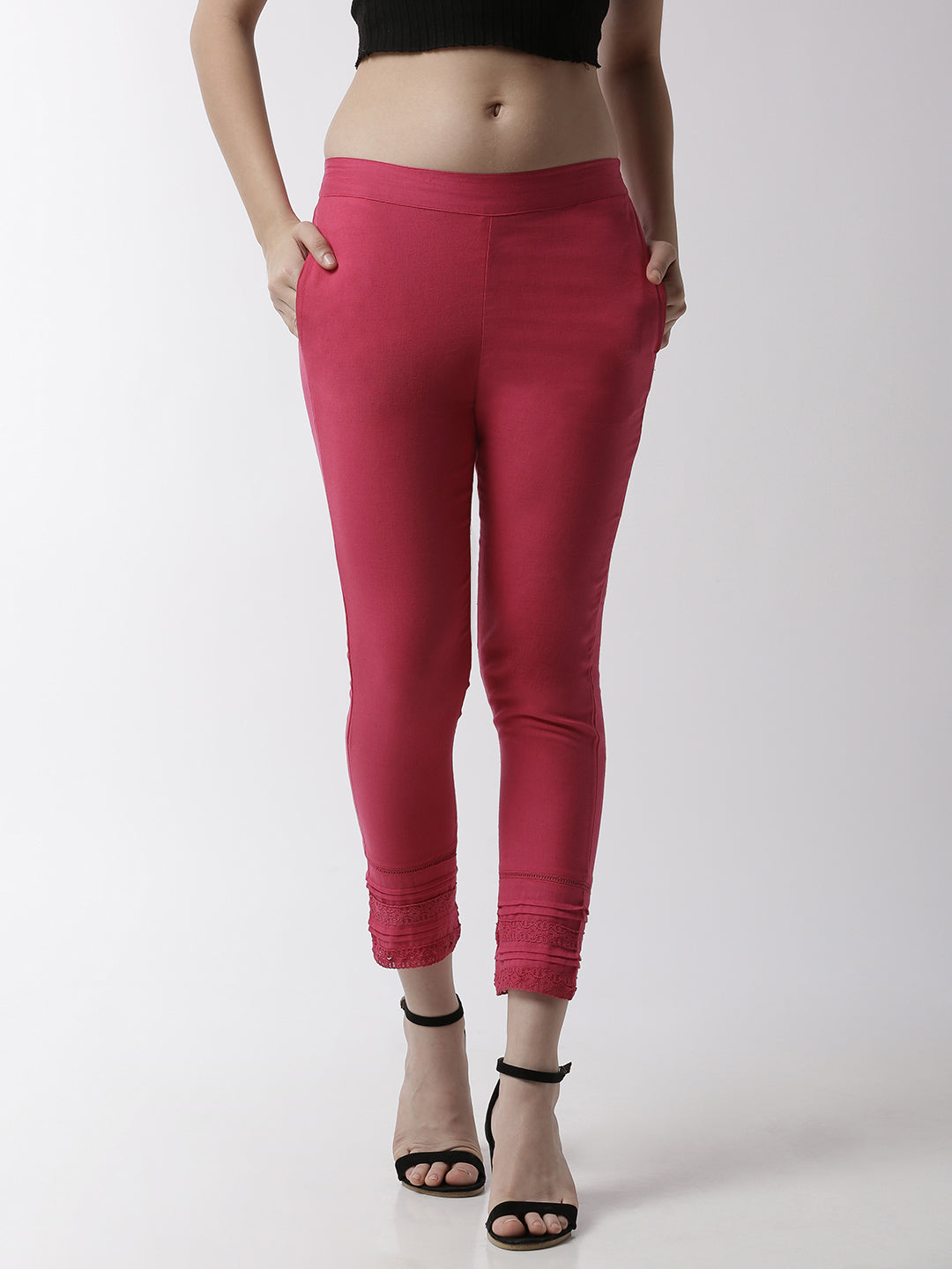 De Moza Women's Cigarette Pant Woven Bottom Lace Cotton Fuchsia - De Moza (4499733512255)