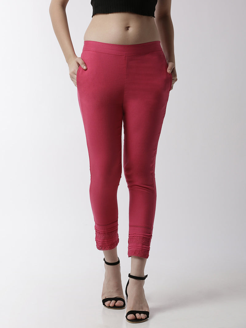 De Moza Women's Cigarette Pant Woven Bottom Lace Cotton Fuchsia - De Moza (4499733512255)