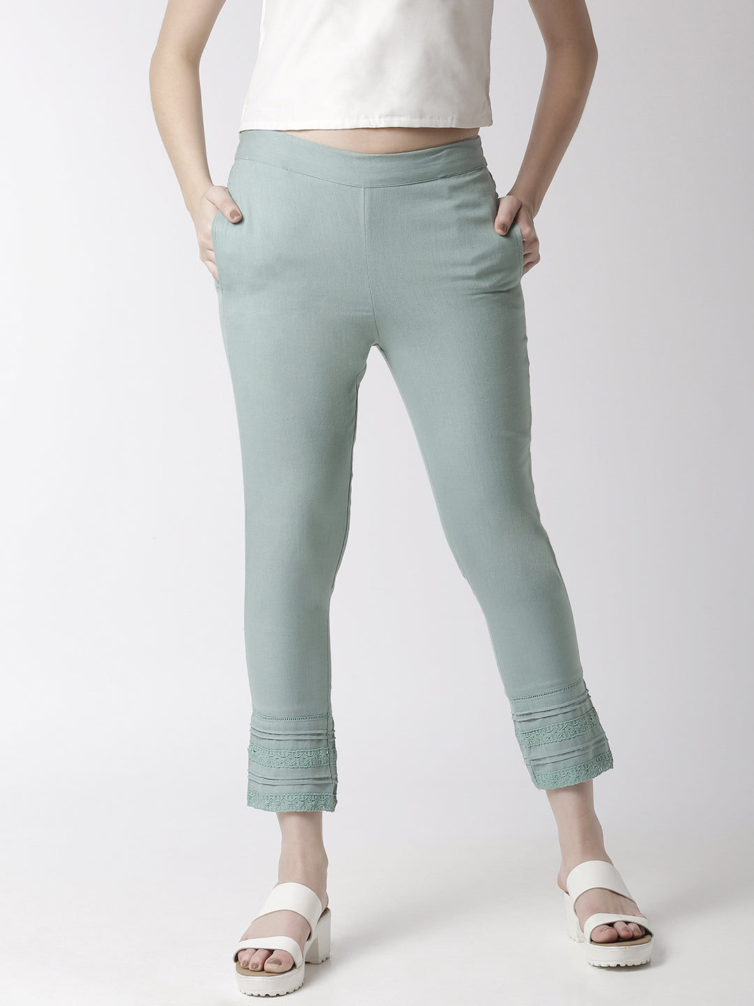 De Moza Women's Cigarette Pant Woven Bottom Lace Cotton Mint - De Moza (4470437118015)