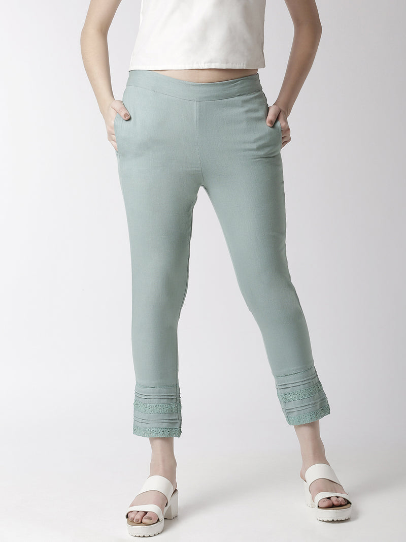De Moza Women's Cigarette Pant Woven Bottom Lace Cotton Mint - De Moza (4470437118015)