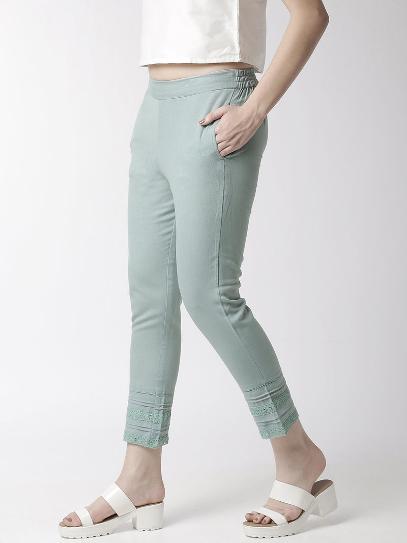 De Moza Women's Cigarette Pant Woven Bottom Lace Cotton Mint - De Moza (4470437118015)