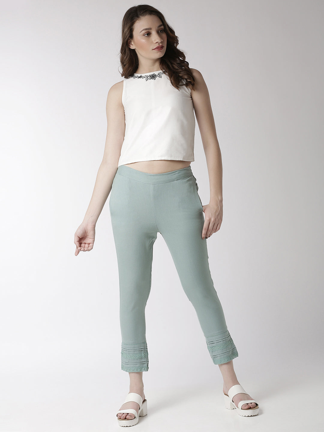 De Moza Women's Cigarette Pant Woven Bottom Lace Cotton Mint - De Moza (4470437118015)