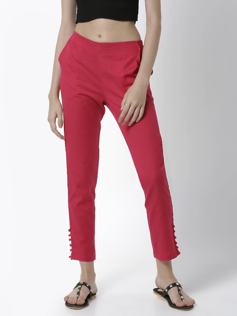 De Moza Women's Cigarette Pant Woven Bottom Placement Print Cotton Fuchsia - De Moza (4461737639999)