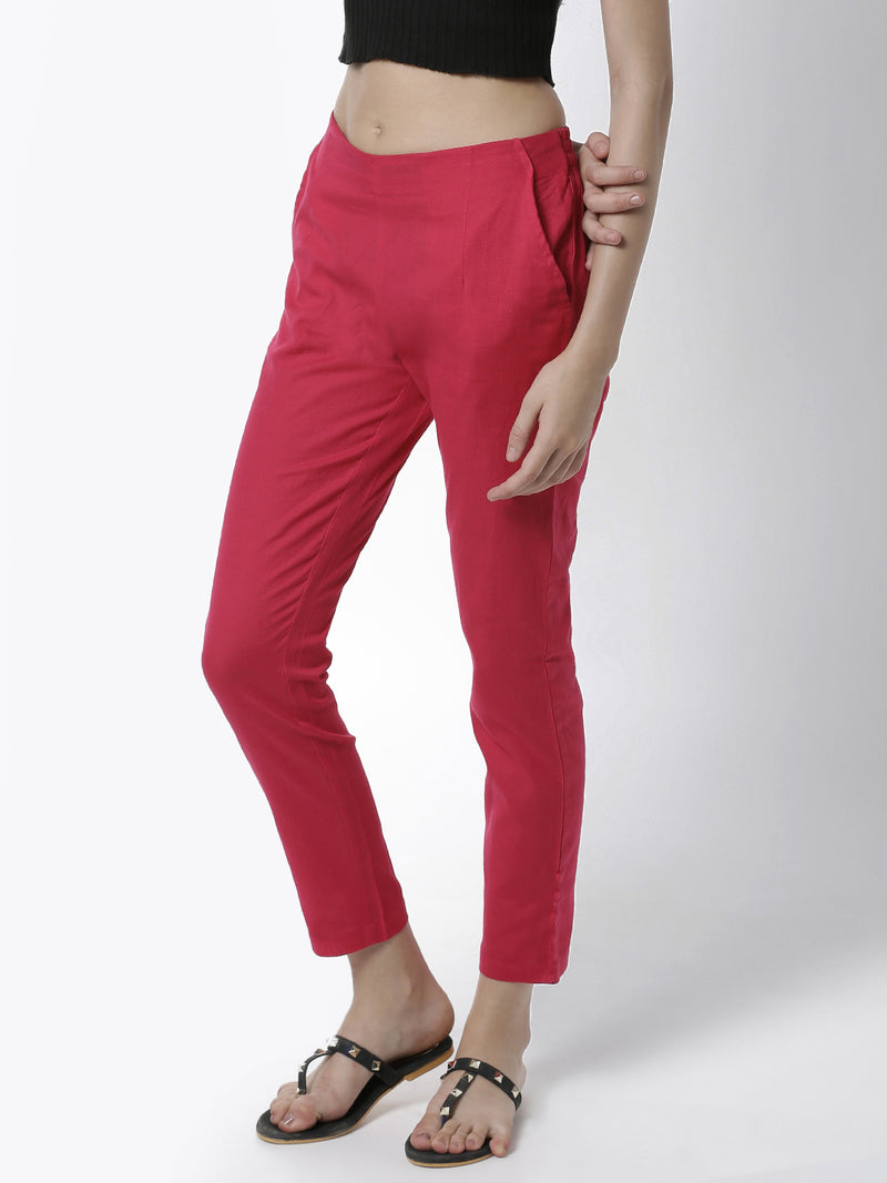 De Moza Women's Cigarette Pant Woven Bottom Placement Print Cotton Fuchsia - De Moza (4461737639999)