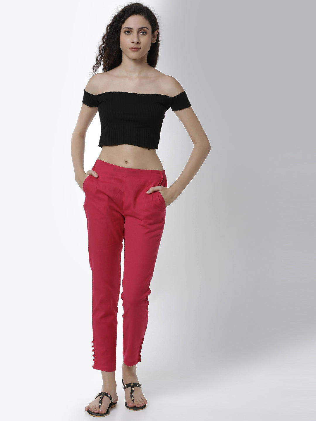 De Moza Women's Cigarette Pant Woven Bottom Placement Print Cotton Fuchsia - De Moza (4461737639999)