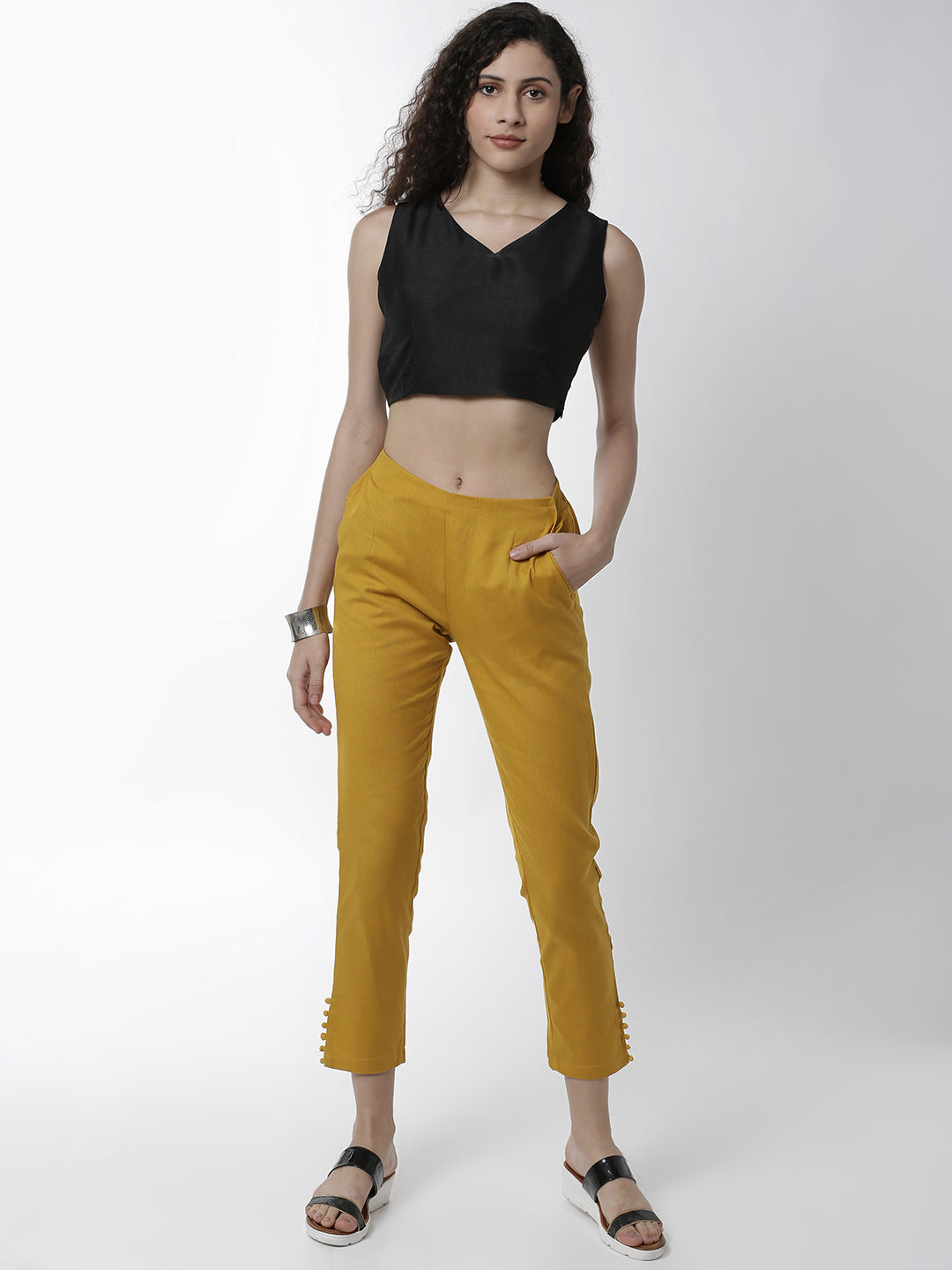 De Moza Women's Cigarette Pant Woven Bottom Placement Print Cotton Mustard - De Moza (4461737672767)