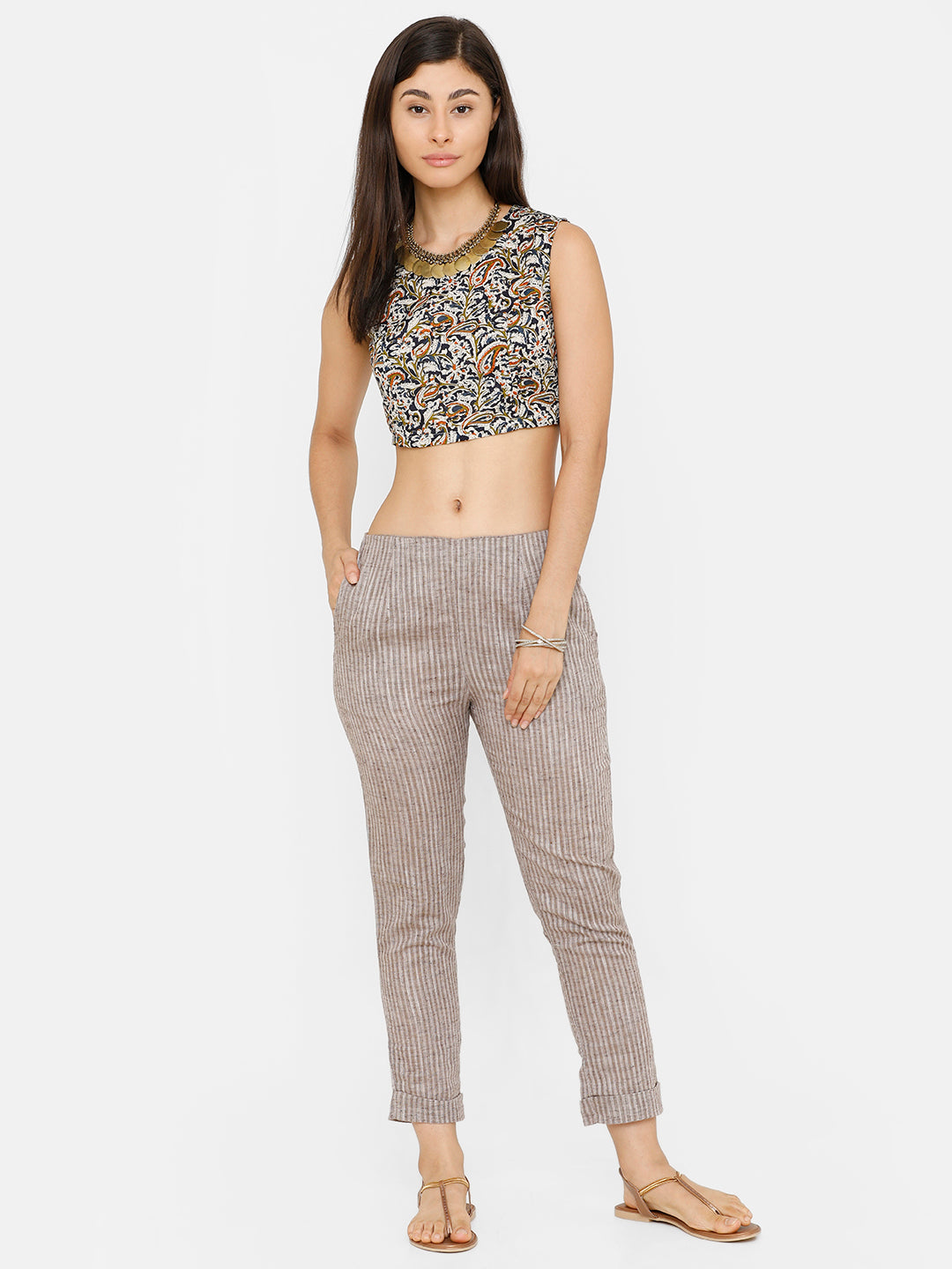 De Moza women's Cigarette Pant Woven Bottom Solid Cotton Coffee Brown - De Moza (4704708132927)