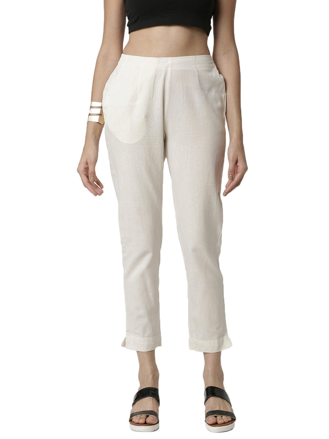 De Moza Ladies Cigarette Pant Woven Bottom Solid Cotton Flex Beige - De Moza (6643686834239)