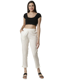 De Moza Ladies Cigarette Pant Woven Bottom Solid Cotton Flex Beige - De Moza (6643686834239)