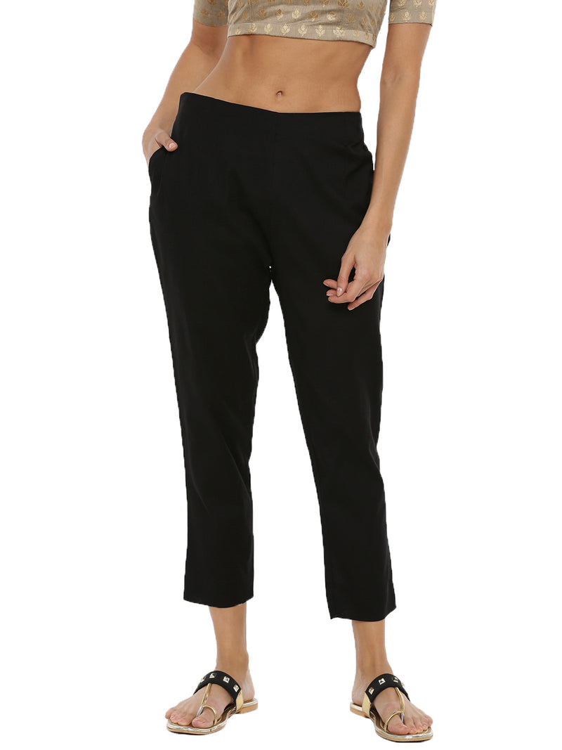 De Moza Ladies Cigarette Pant Woven Bottom Solid Cotton Flex Black - De Moza (6643686932543)