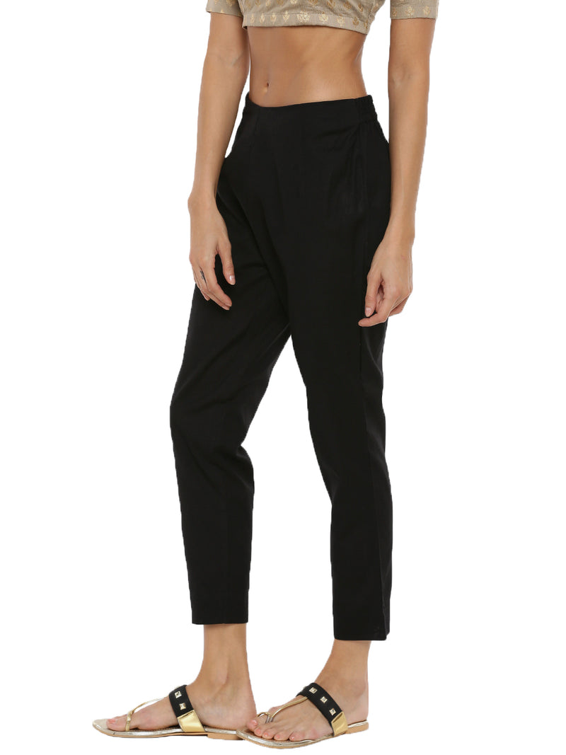 De Moza Ladies Cigarette Pant Woven Bottom Solid Cotton Flex Black - De Moza (6643686932543)