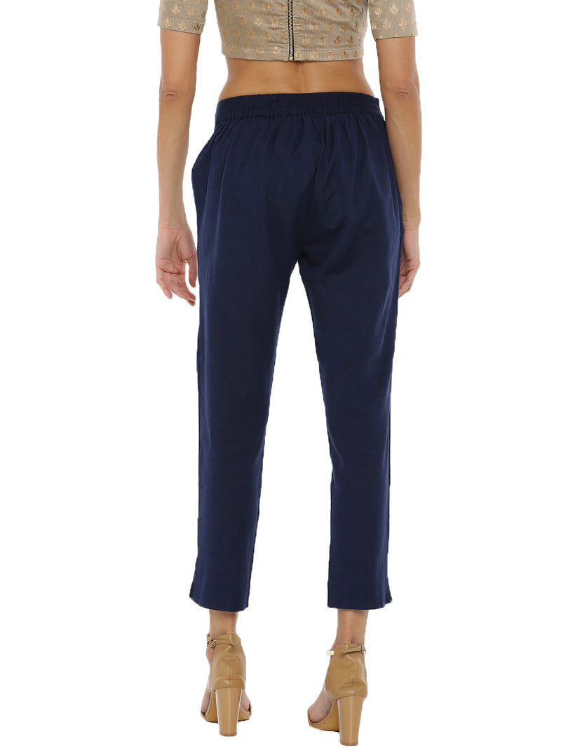De Moza Ladies Cigarette Pant Woven Bottom Solid Cotton Navy Blue - De Moza (6643687456831)
