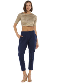 De Moza Ladies Cigarette Pant Woven Bottom Solid Cotton Navy Blue - De Moza (6643687456831)