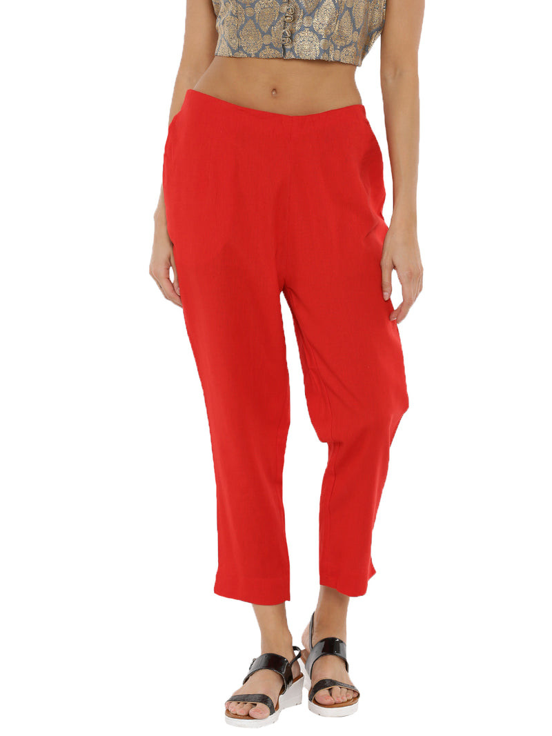 De Moza Ladies Cigarette Pant Woven Bottom Solid Cotton Flex Red - De Moza (6643686965311)