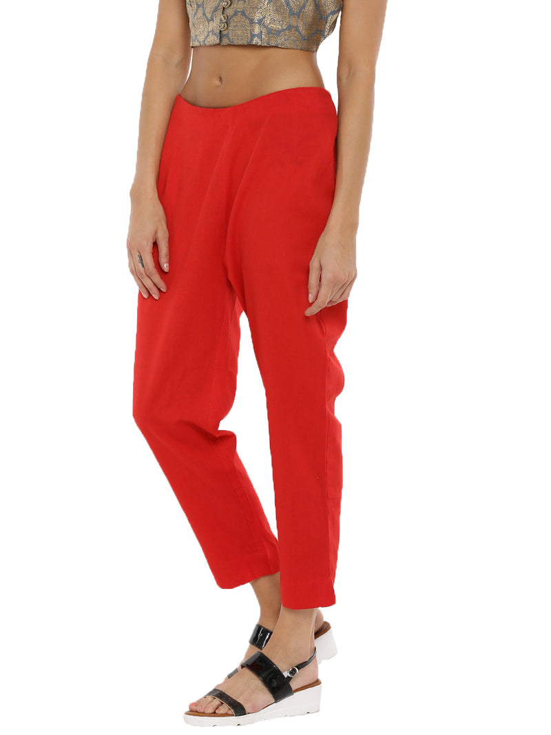 De Moza Ladies Cigarette Pant Woven Bottom Solid Cotton Flex Red - De Moza (6643686965311)